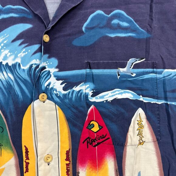 Paradise Found Shirt Mens 2XL XXL Blue Hawaiian Surfboard Surfer Print Button Up - Picture 7 of 14